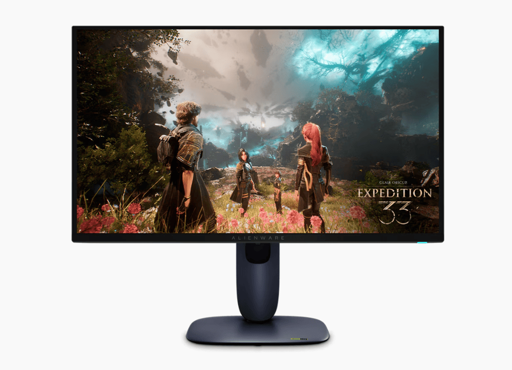Alienware AW2725Q 正面遊戲畫面展示，展現高對比與鮮豔色彩