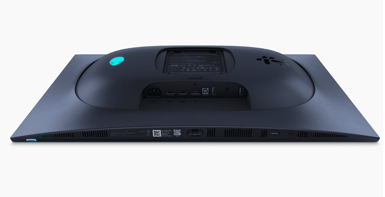 Alienware AW2725Q 底部連接埠特寫，包含HDMI 2.1與USB接口，以及OSD搖桿