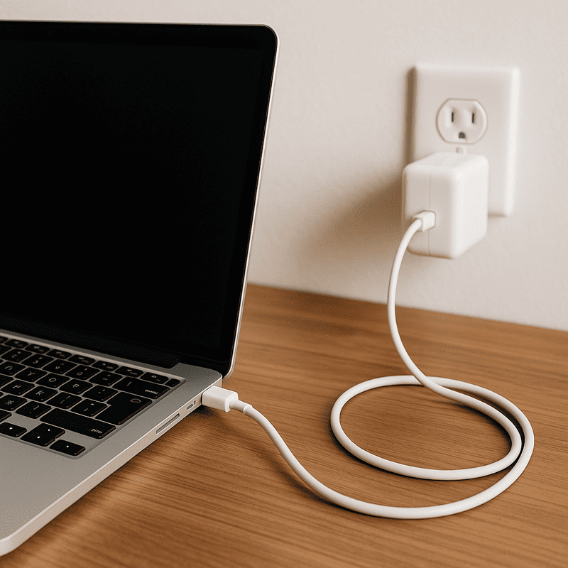 一台插著電源的現代筆電在書桌上，象徵正確的充電觀念