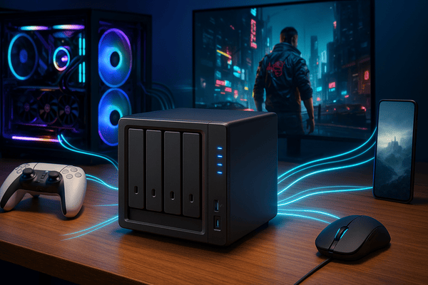 一台現代化的 NAS 旁邊放著電競鍵盤與滑鼠