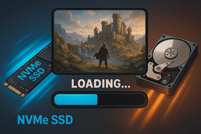 NVMe SSD 與傳統硬碟的速度比較，突顯其在遊戲載入上的巨大優勢。