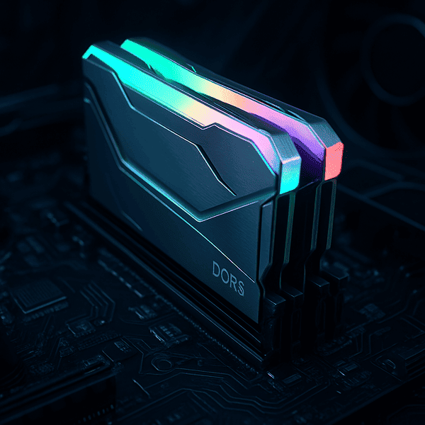 DDR5 記憶體安裝在電腦主機板上，展現其科技感與效能。
