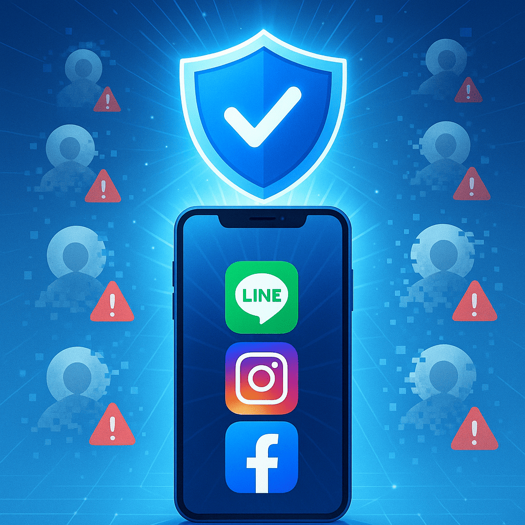 一名使用者在手機上仔細辨識 LINE、IG、FB 官方帳號是否為詐騙