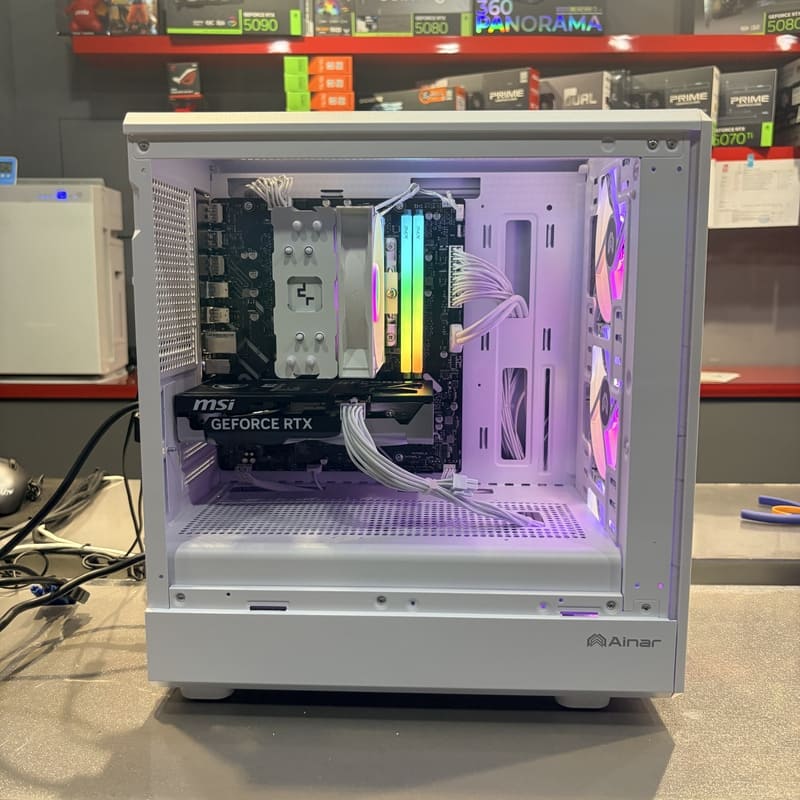 機殼側面正視圖，展示顯示卡水平安裝與主機板接線