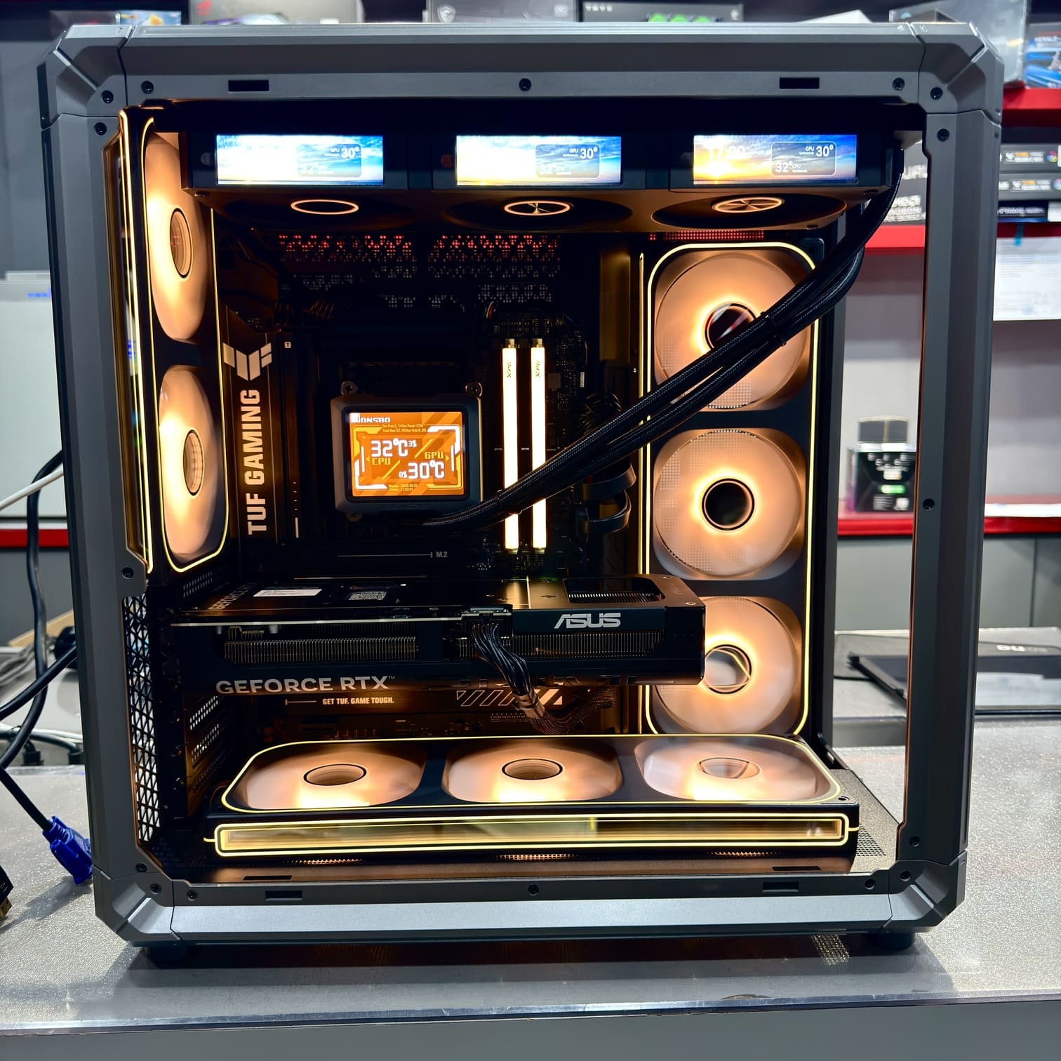 電腦主機 RGB 燈效展示 喬思伯無限鏡風扇 橘金色燈光主題