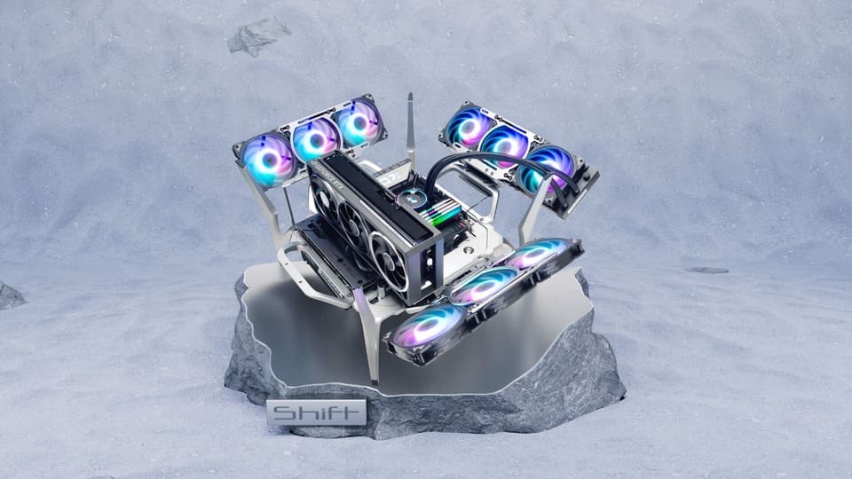 InWin Shift 實際組裝完工照，搭載 RTX 顯示卡與多組 RGB 水冷排