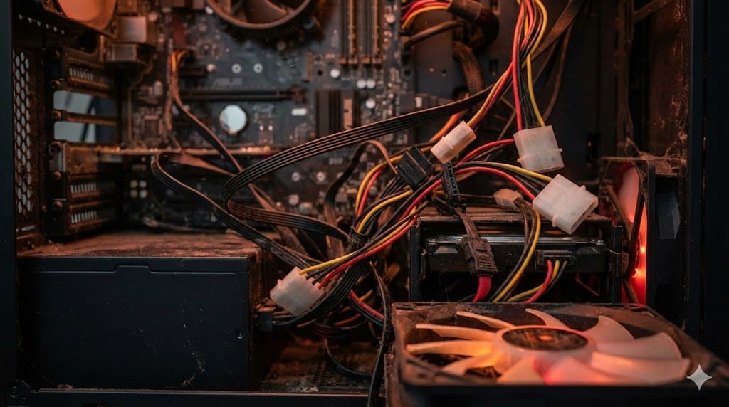 直出線電源內部線材堆積影響散熱示意圖